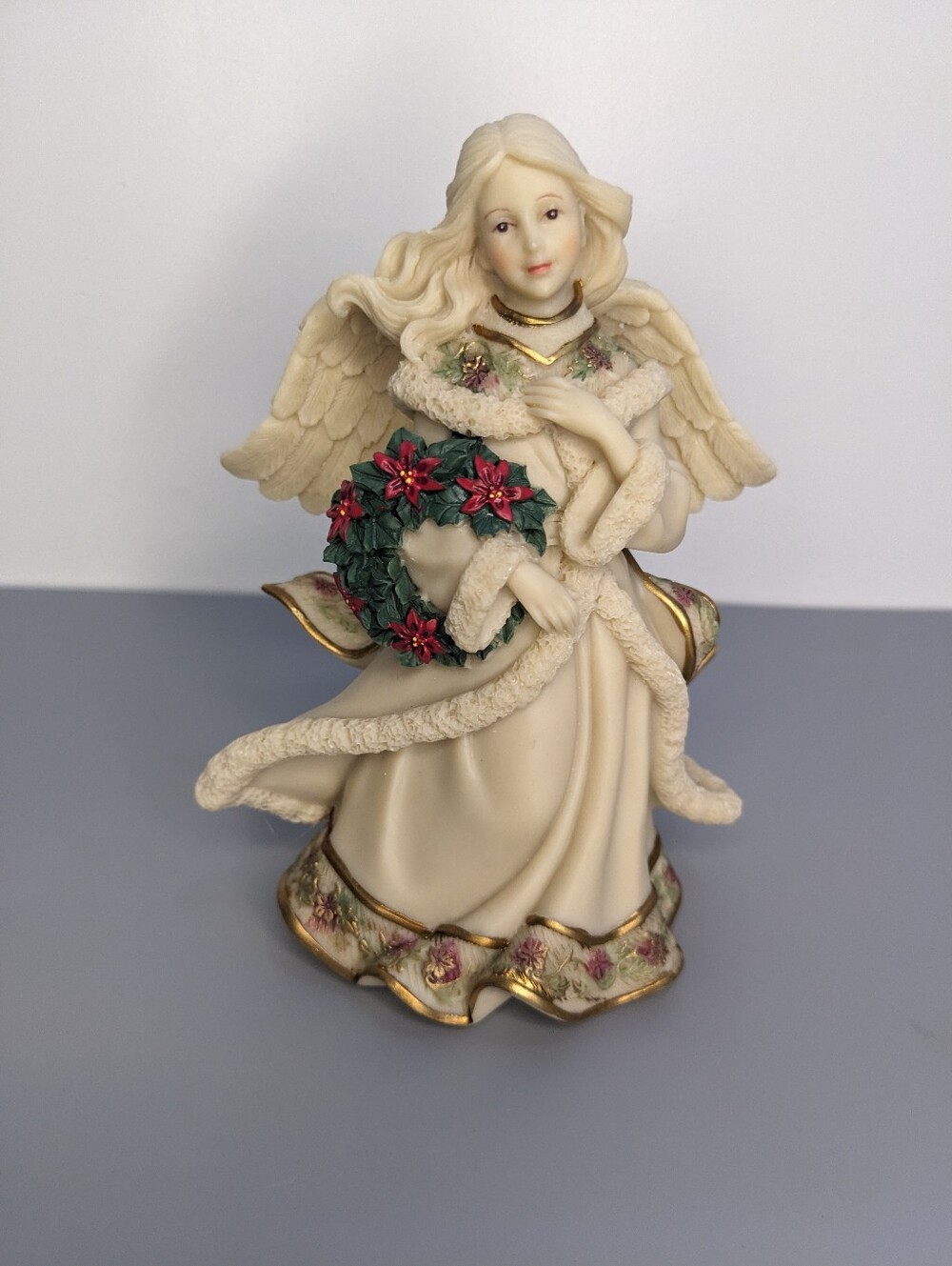 Sarahs Angels Christmas Figurine Angel Holding Poinsettia Wreath Cream Gold Wing